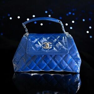 💕CHANEL Cobalt Blue Patent Leather Quilted Coco Shine Accordion Small Flap SHW
